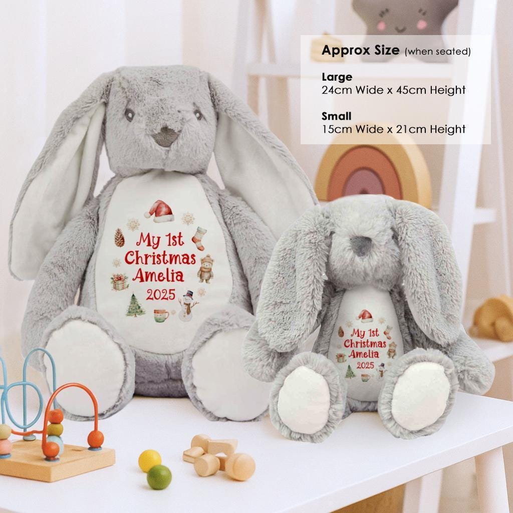il_fullxfull.8569763969_oxf6 Personalised First Christmas Grey Bunny Rabbit, Baby Christmas Gift, Large Soft Toy Teddy, Custom Cuddly Toy, Baby Stocking Filler, Teddy