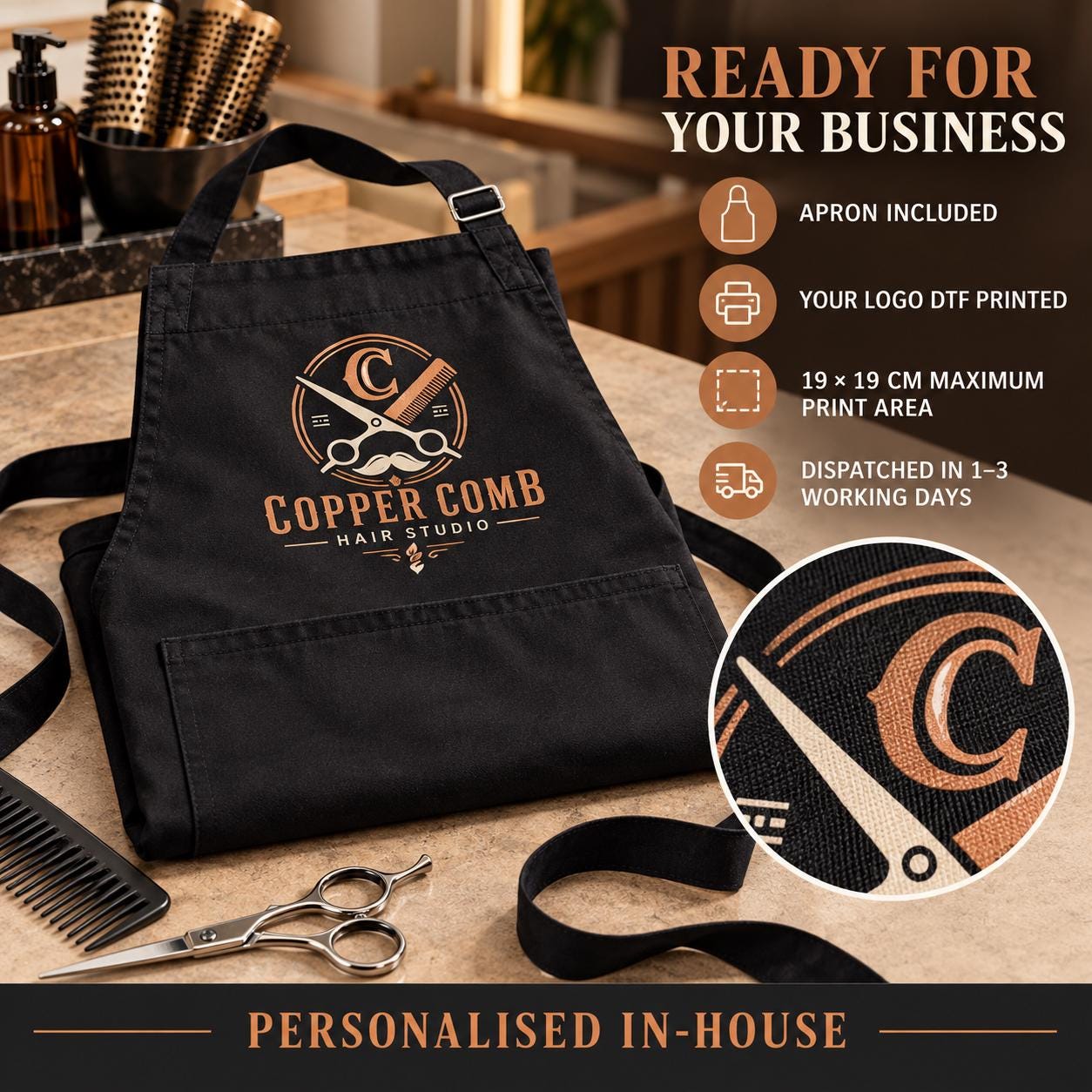 il_fullxfull.8687381965_7xpr Custom Printed Hairdresser Apron with Business Logo | Personalised Salon Apron for Mobile Hair Stylist